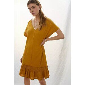 Daily Practice Women's Solana Dress Small Mustard Oversized Ruffled Tunic V-Neck